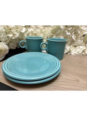 4 Pieces of Fiesta Ware Turquoise - 2 Mugs and 2- 7" Salad Dessert Plate
